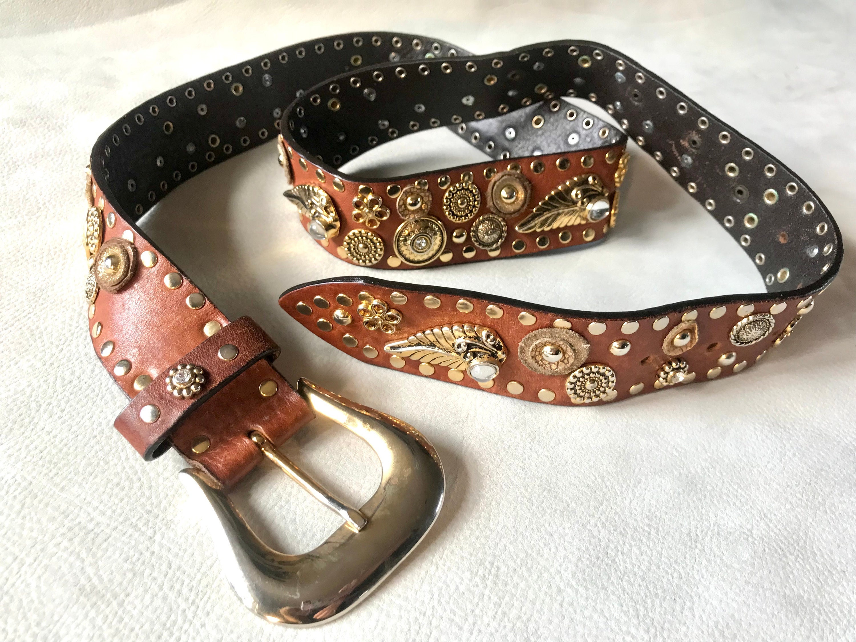 Vintage Gold Bedazzled Studded Leather Belt Nanni Italy Belt  display picture 2