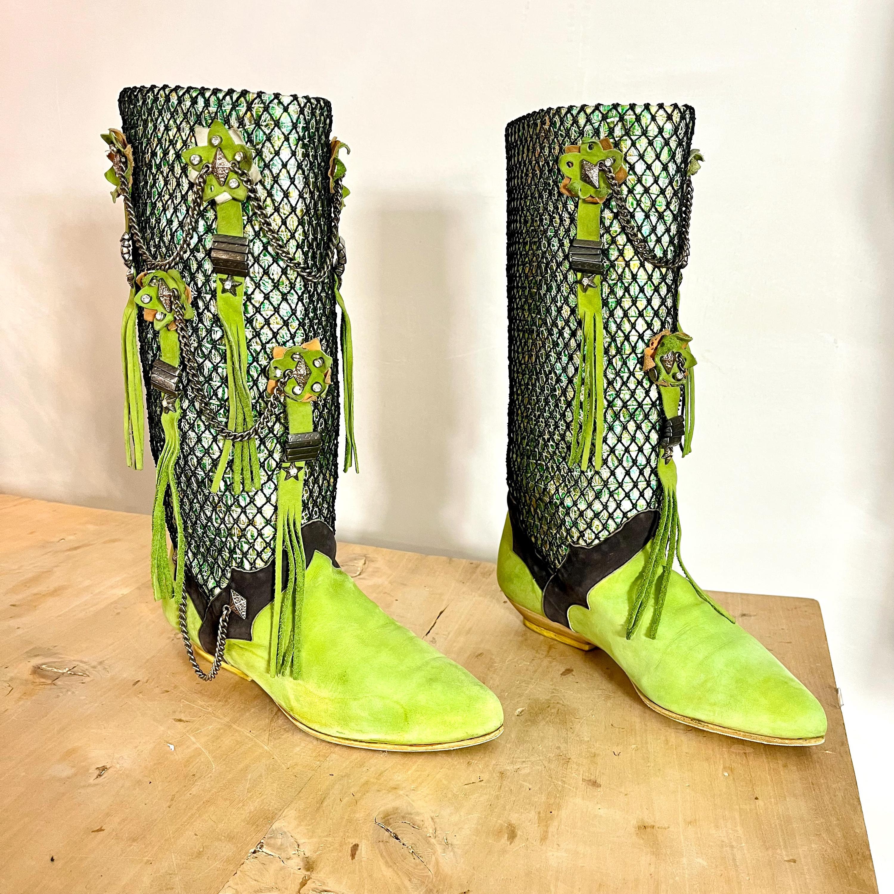 Vintage 80s Green Metallic Suede EL VAQUERO Fringe Boots
