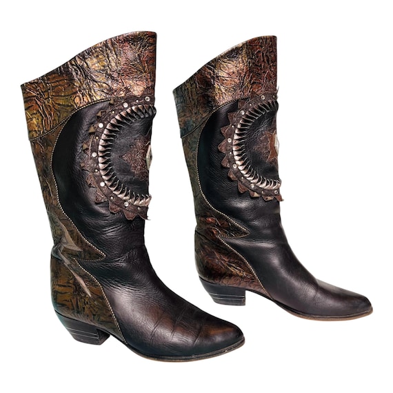 Vintage 80s Metallic Leather Boots / Flat Heel Embellished Rhinestone El Vaquero lookalike  size uk5.5  us7.5