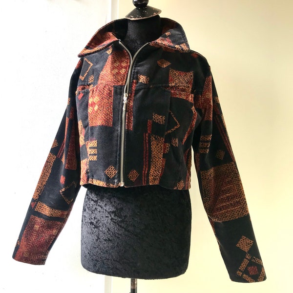 Vintage 90s y2k Collared Velvet Corduroy Abstract Print Zipper Jacket, Short Jacket,  Size M