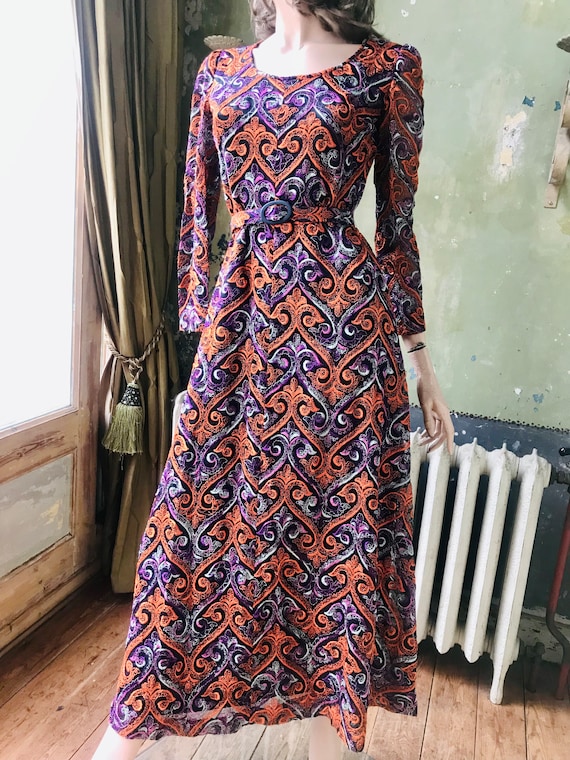 Orange Purple Embroidery Lace Belted 60s 70s Dres… - image 10