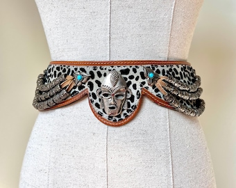 Vintage 80s Leopard Print Suede Brown Wide Elastic Belt M L  display picture 1