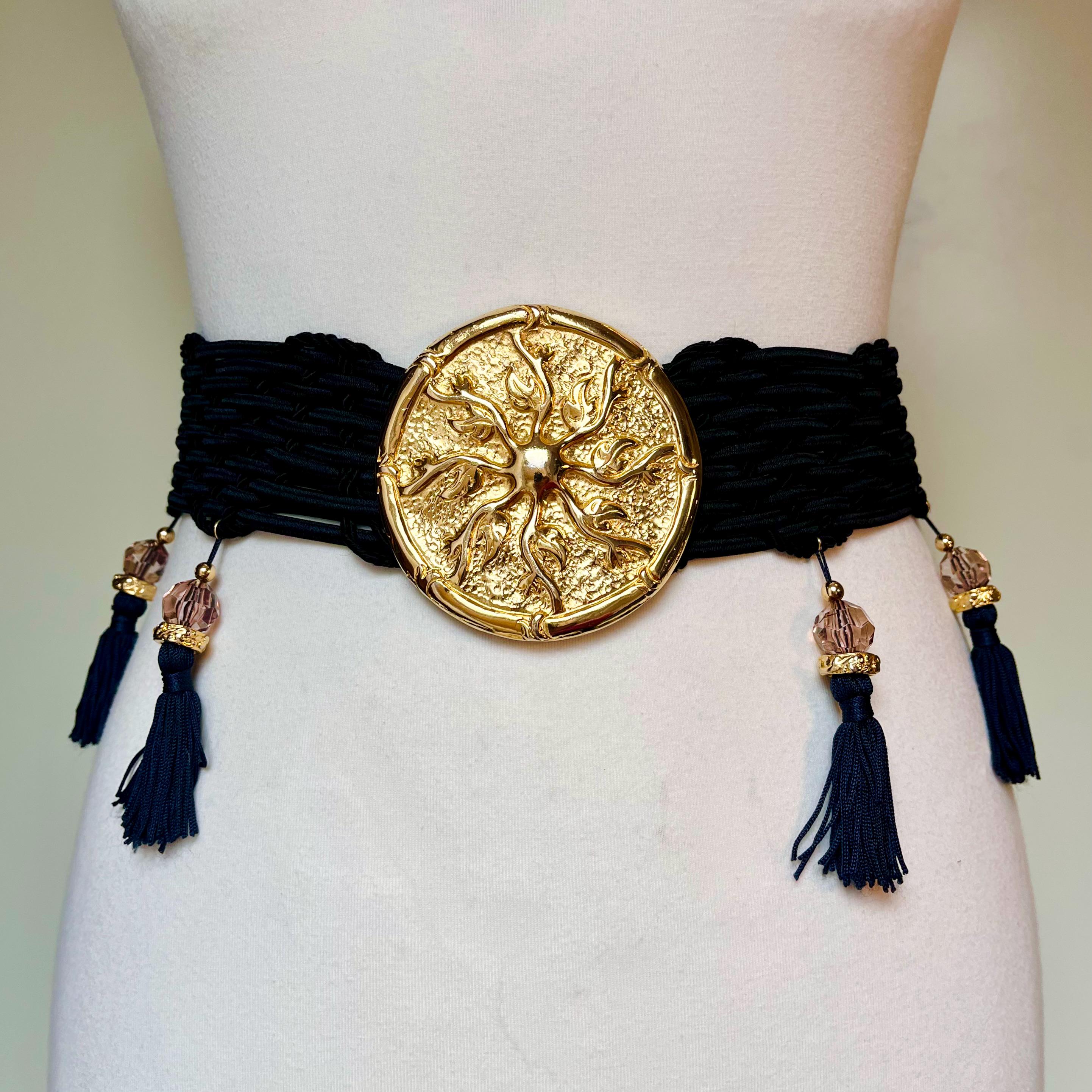 Tassel Gold Round Buckle Vintage Stretch Waist Belt Italy 