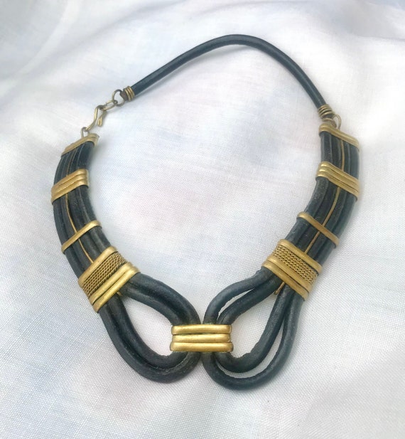 1970s Thick Leather and Wired Brass bohemian Neck… - image 1