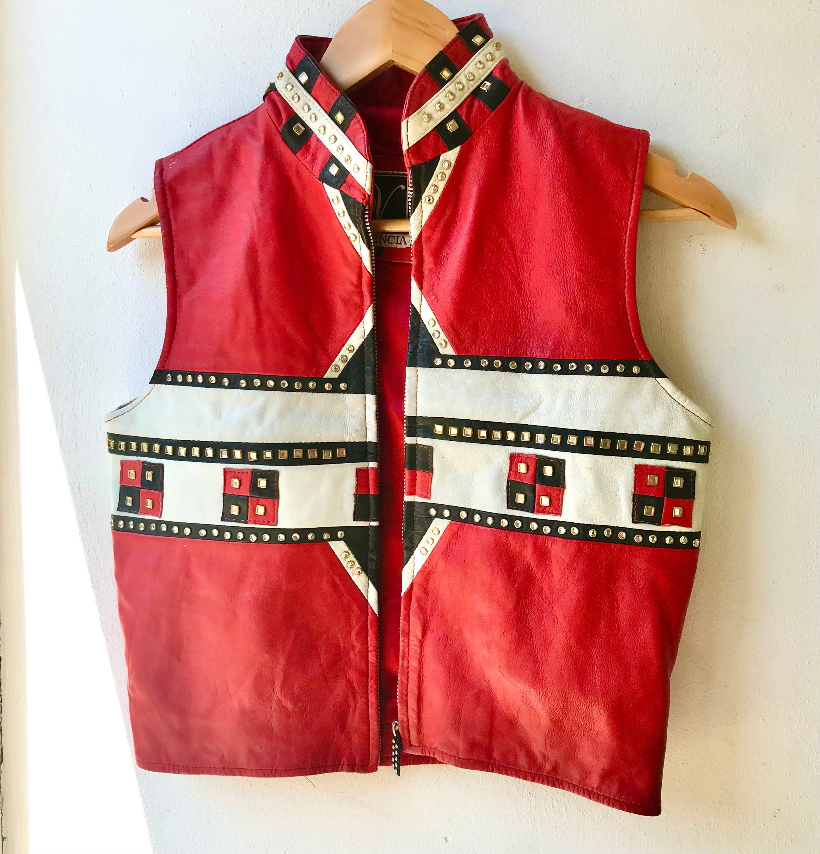 【正規逆輸入品】 Vintage Valencia Embellished Rhinestone Red Womens Leather トップス
