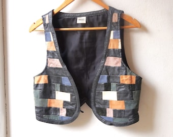 Gilet gilet en cuir vintage patchwork taille S