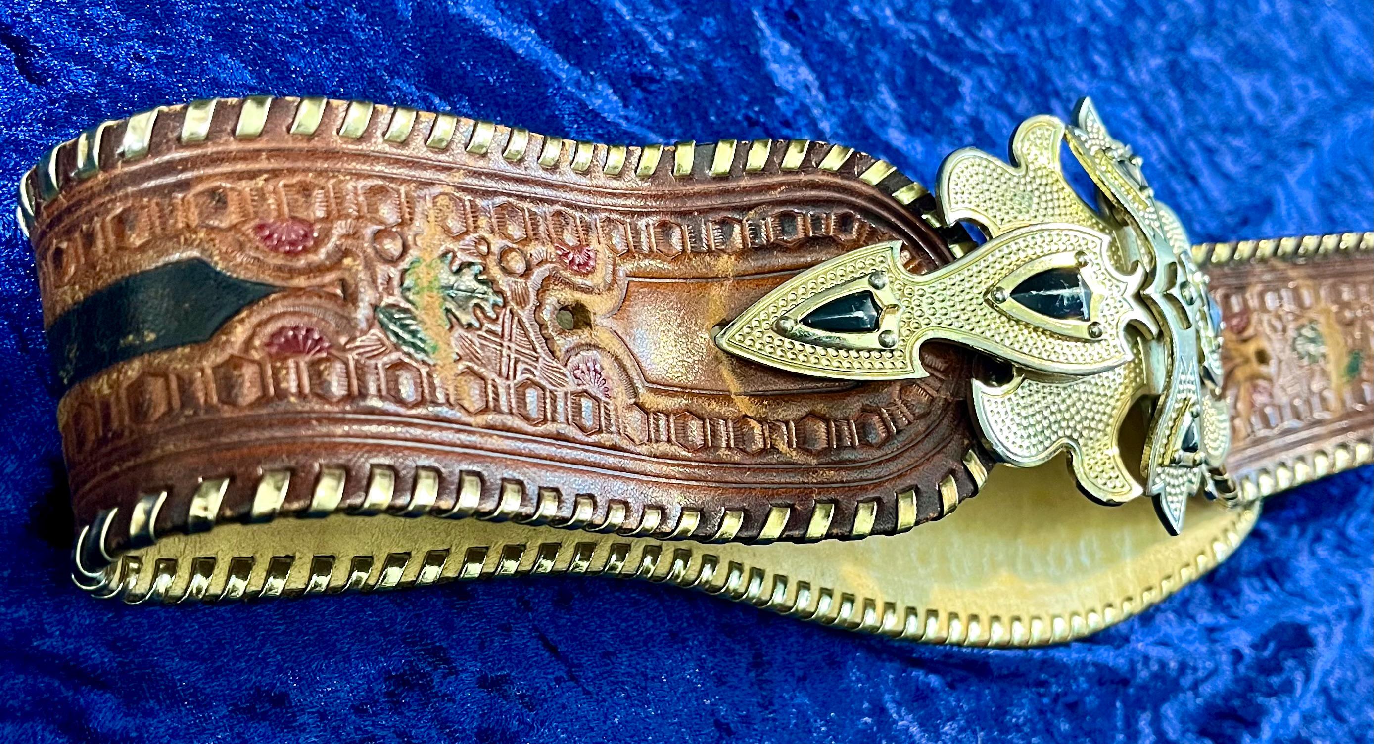 Vintage Baroque Belt Cesar Ugarte, Brown Tooled Leather Wide 
