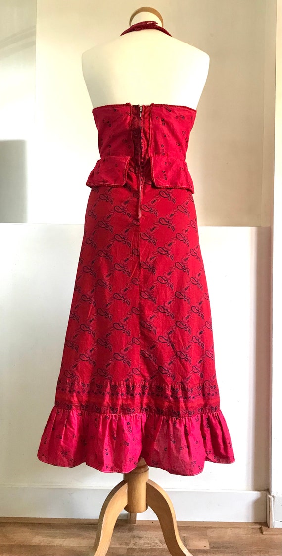 Red Vintage 1970s Peplum Halter Dress Cotton  Siz… - image 7