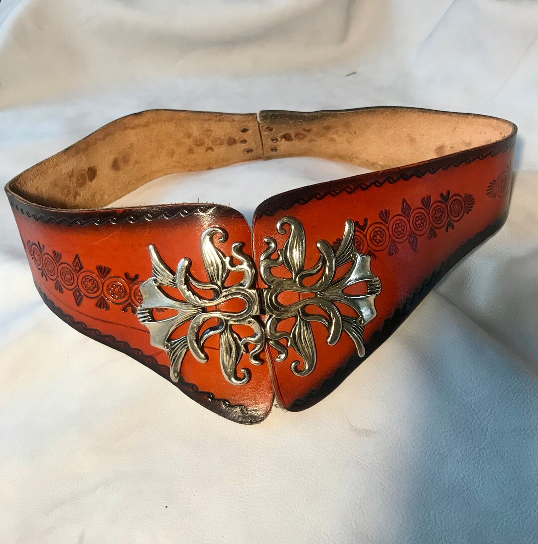 70s leather belt| Vintage brown handmade belt with woven details
