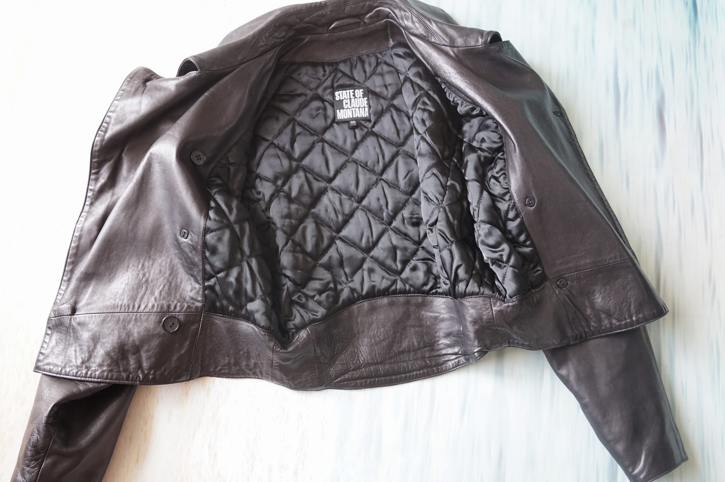 Vintage Gold Buttons Claude Montana Leather Coat, Womens 1980s