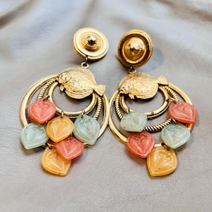 Gold Fish Chunky 80s Vintage Earrings Colored Leafs Antique Designer Clip on