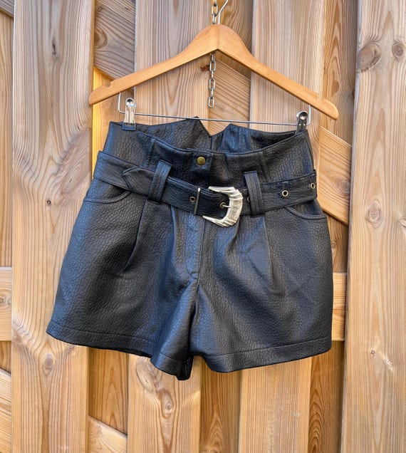 90s Vintage High Waist Faux Leather Belted Shorts by Prestige 
