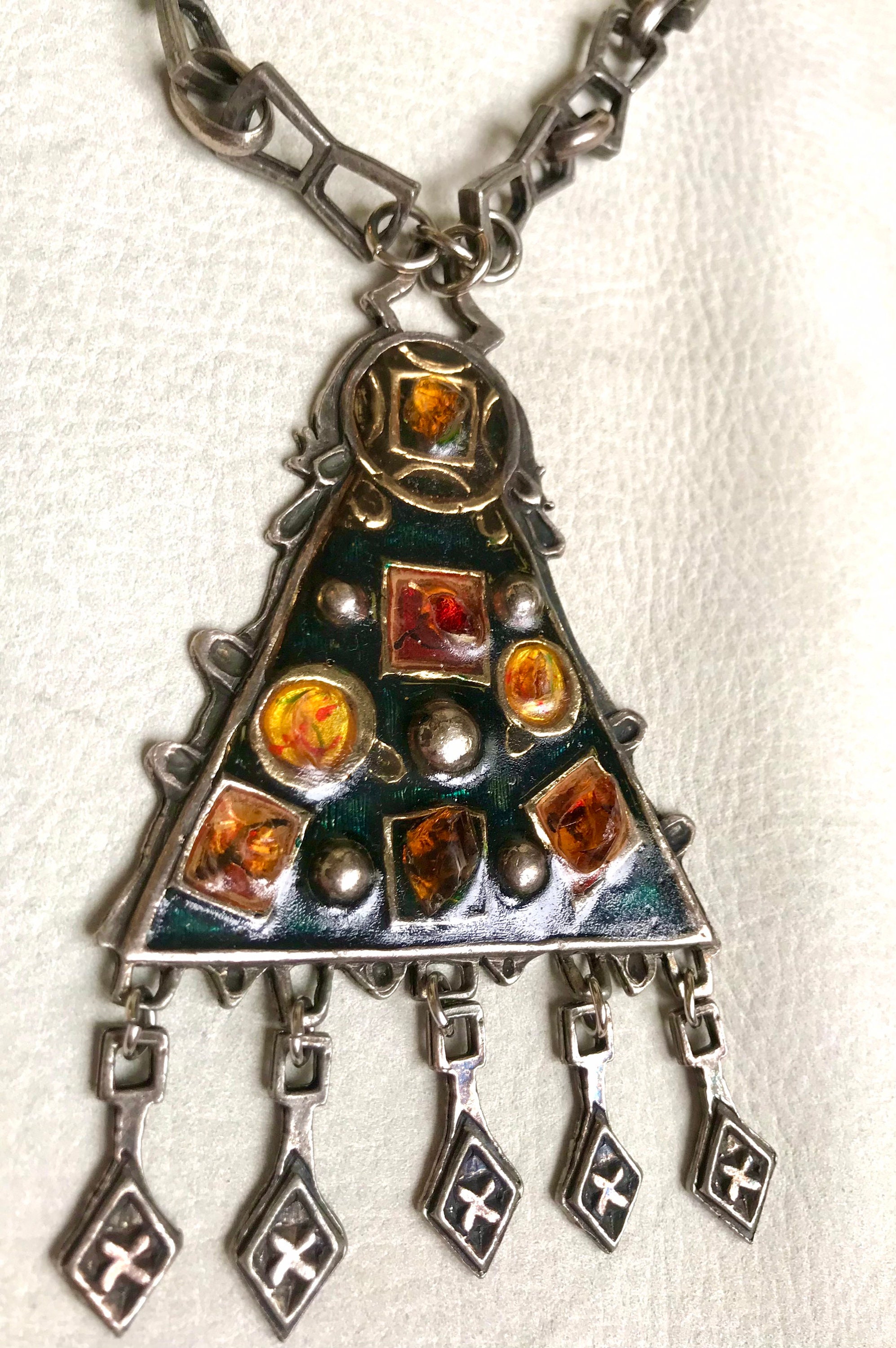 Collier Ancien En Argent Massif émaillé - Bijou Traditionnel, Occasion, Couleur Argenté