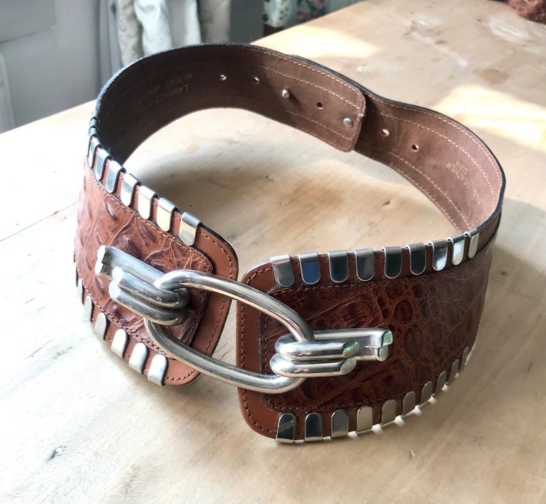 Vintage 1980s Brown Snake Leather Large Silver Buckle Wide Waist Belt, Adjustable in the back image 1