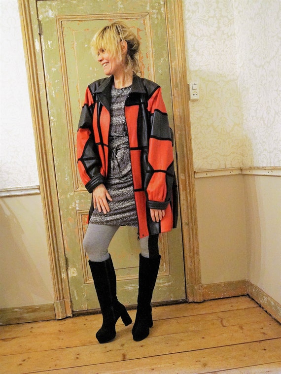 Patchwork Leather 1980s vintage Coat Jacket / Red