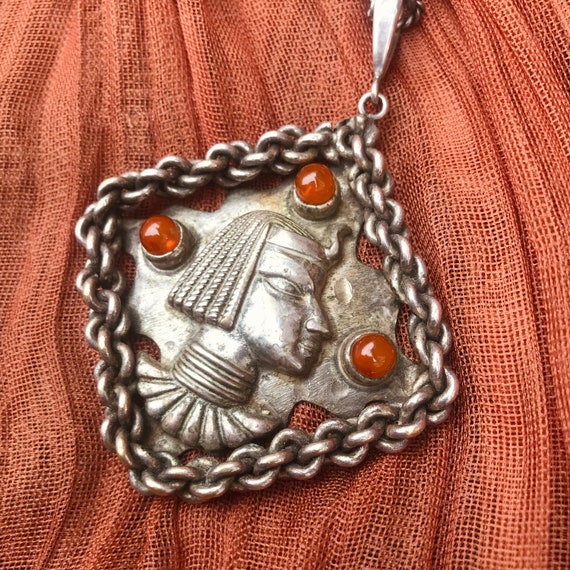 Vintage Chunky Egyptian Revival Necklace Silver p… - image 3