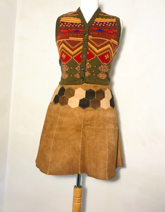 Vintage 1960s Suede Leather Patchwork Mini Skirt … - image 3