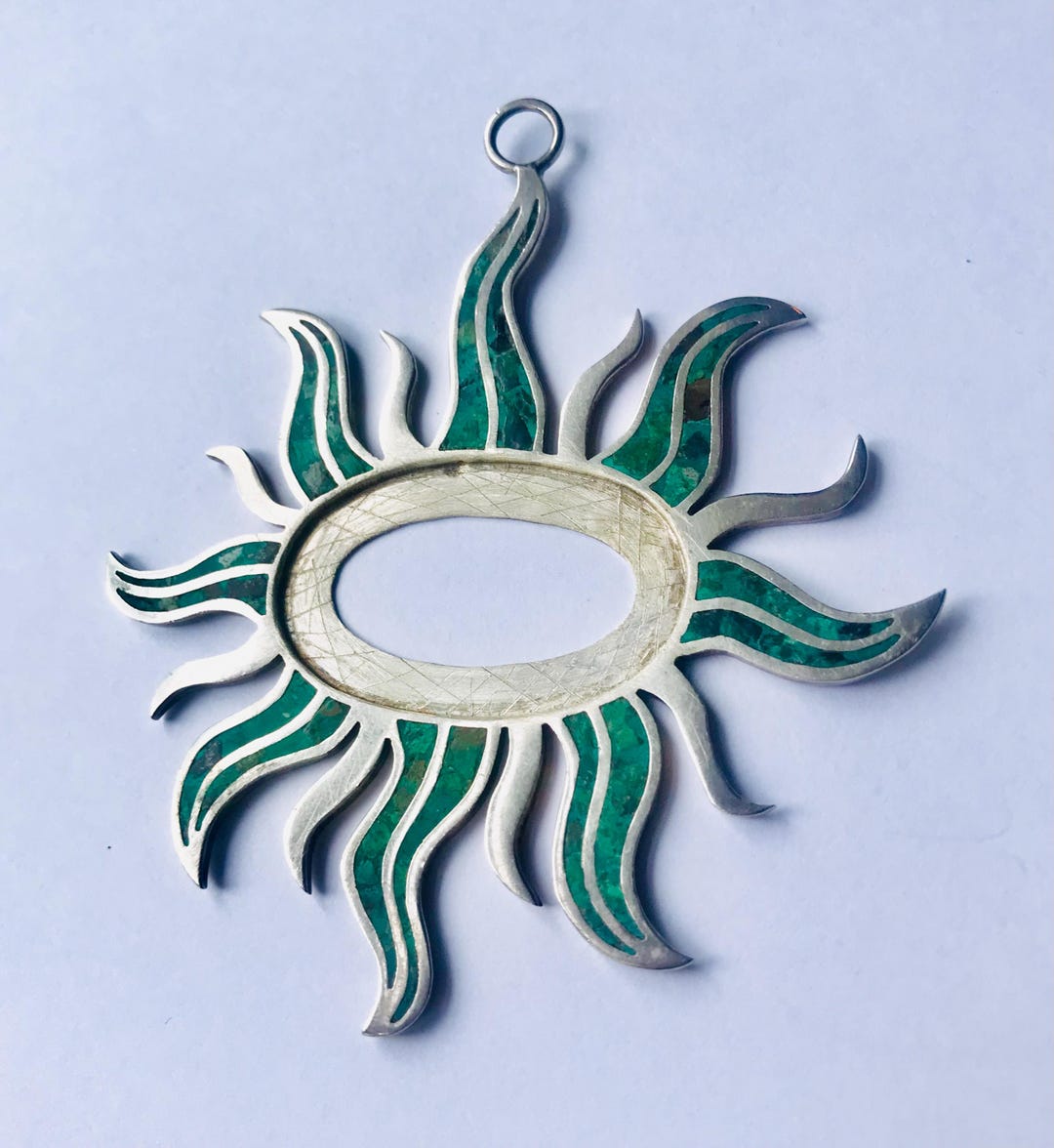 Sun Rays Inlay Large Vintage Malachite Inlay Sterling Silver Sun Pendant Mexico ...