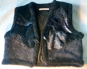 Black Fur + Leather Vintage 1980s Designer Sleeveless Jacket Bolero France  Wearable Art      Size S/M