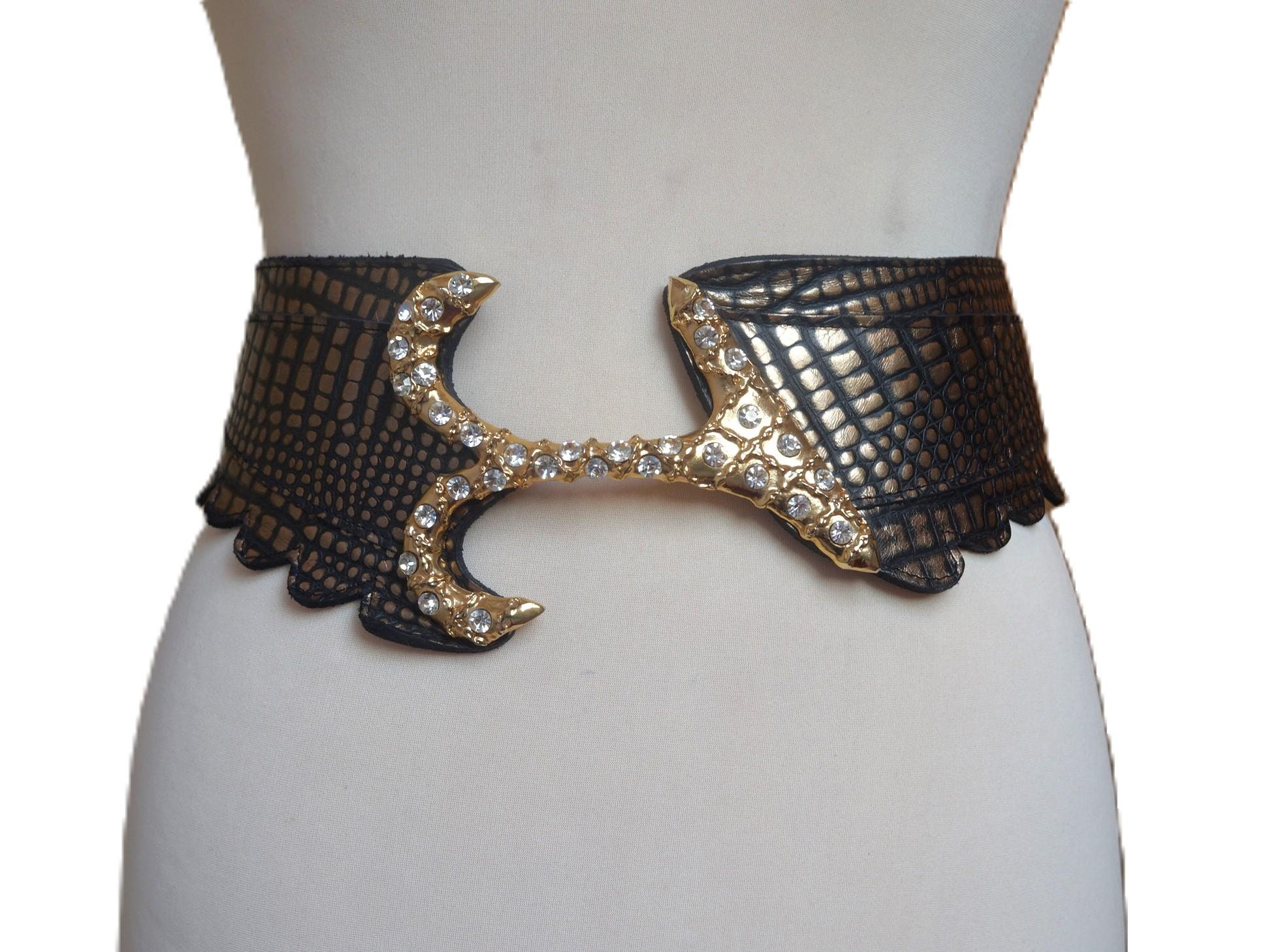Leo Isba Vintage Snake Leather Belt Gold Rhinestone Buckle 