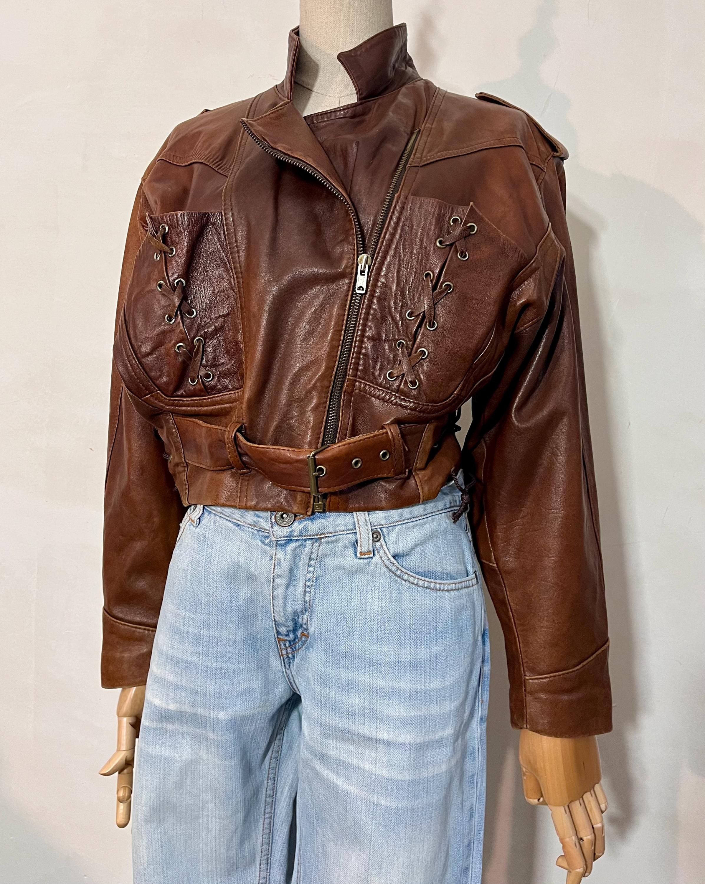 Crop Vintage 90s Leather Jacket / Zipper Lace up Moto Paris / Size