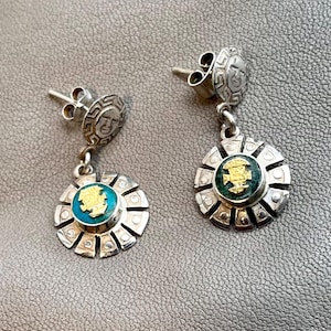 Peruvian Mayan Gold Tumi Sun God Vintage 950 Silver Chrysocolla Inlay Dangling Earrings