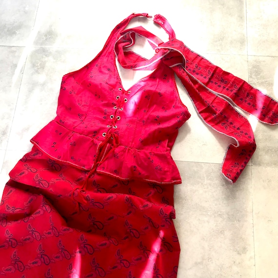 Red Vintage 1970s Peplum Halter Dress Cotton  Siz… - image 1