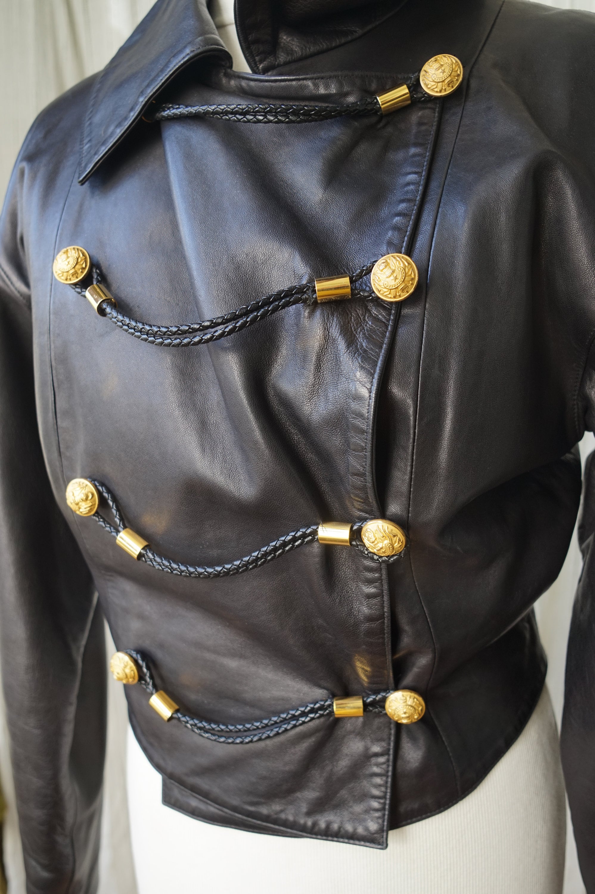Vintage Gold Buttons Claude Montana Leather Coat, Womens 1980s