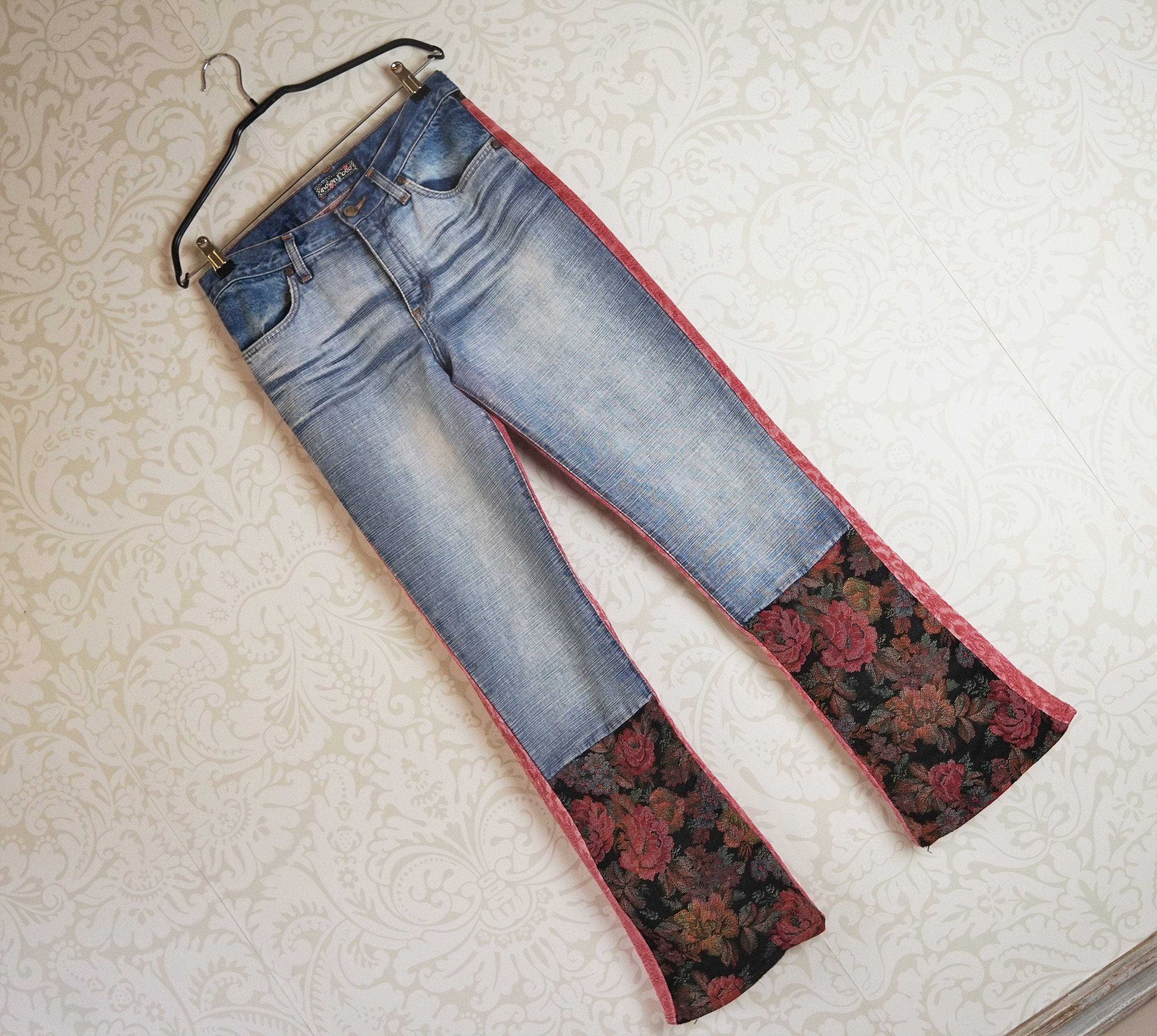Vintage Indian Rose Tapestry Jeans Pantalones tamaño S Etsy