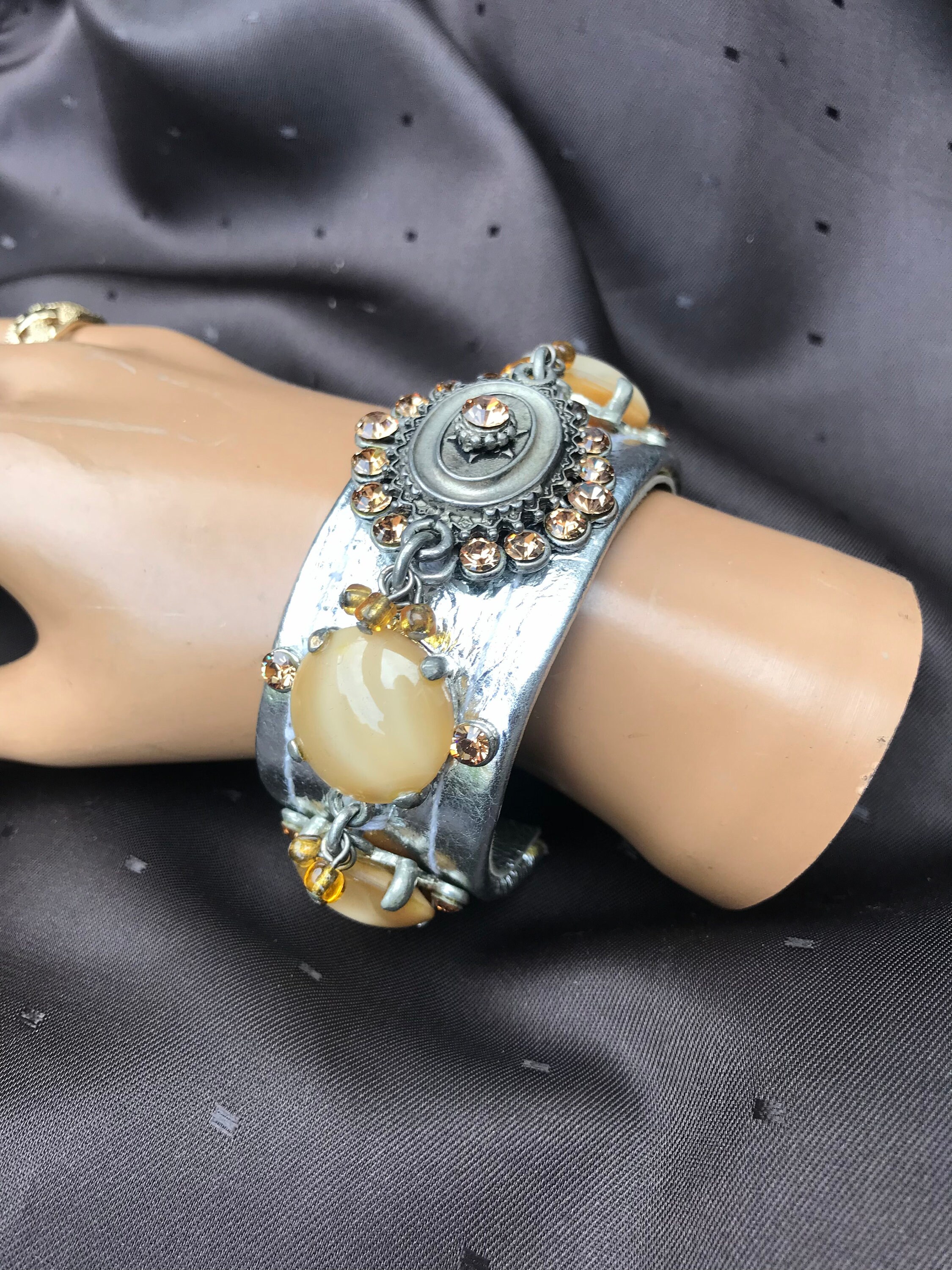 Vintage Rodrigo Otazu Swarovski Crystals Silver Leather Cuff