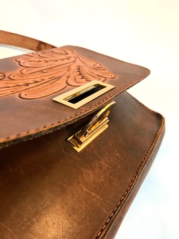 70s 80s Tooled Leather Bag, Vintage South Western… - image 5