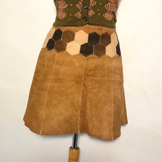 Vintage 1960s Suede Leather Patchwork Mini Skirt … - image 2