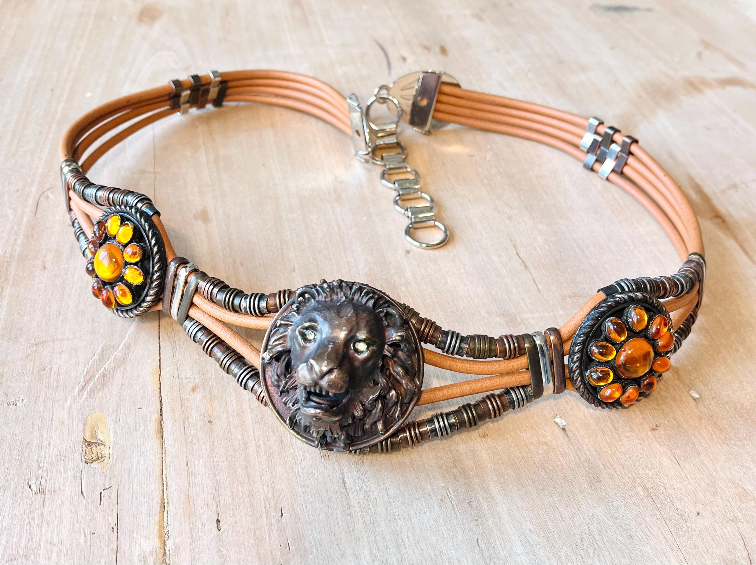 Vintage Lion Head Buckle Leather Belt,  Orange Stone Metal Embellished Multi Rope Belt