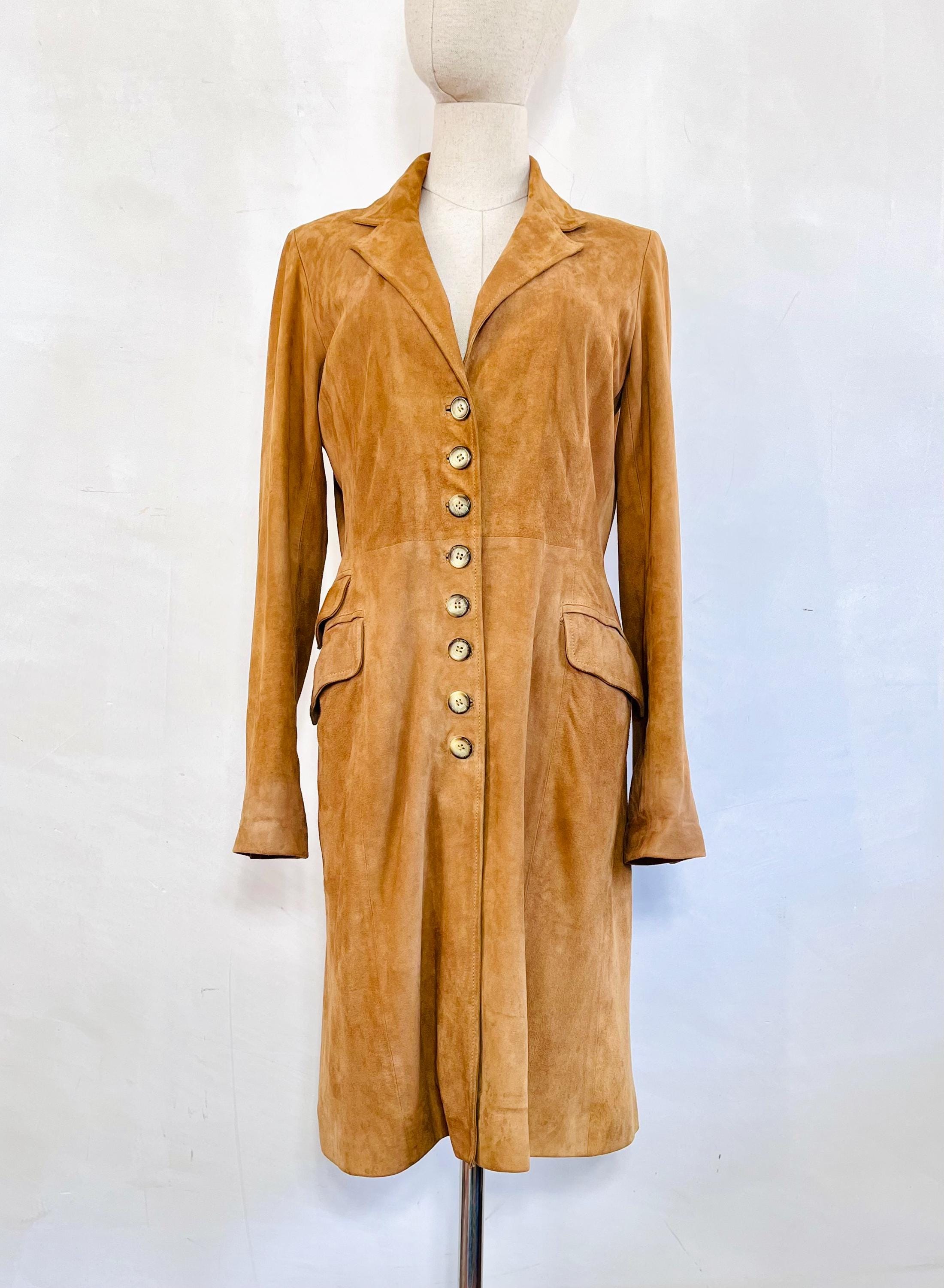 【vintage】suede long coat Womens Vintage Suede Long Coat with Belt - Double Breasted