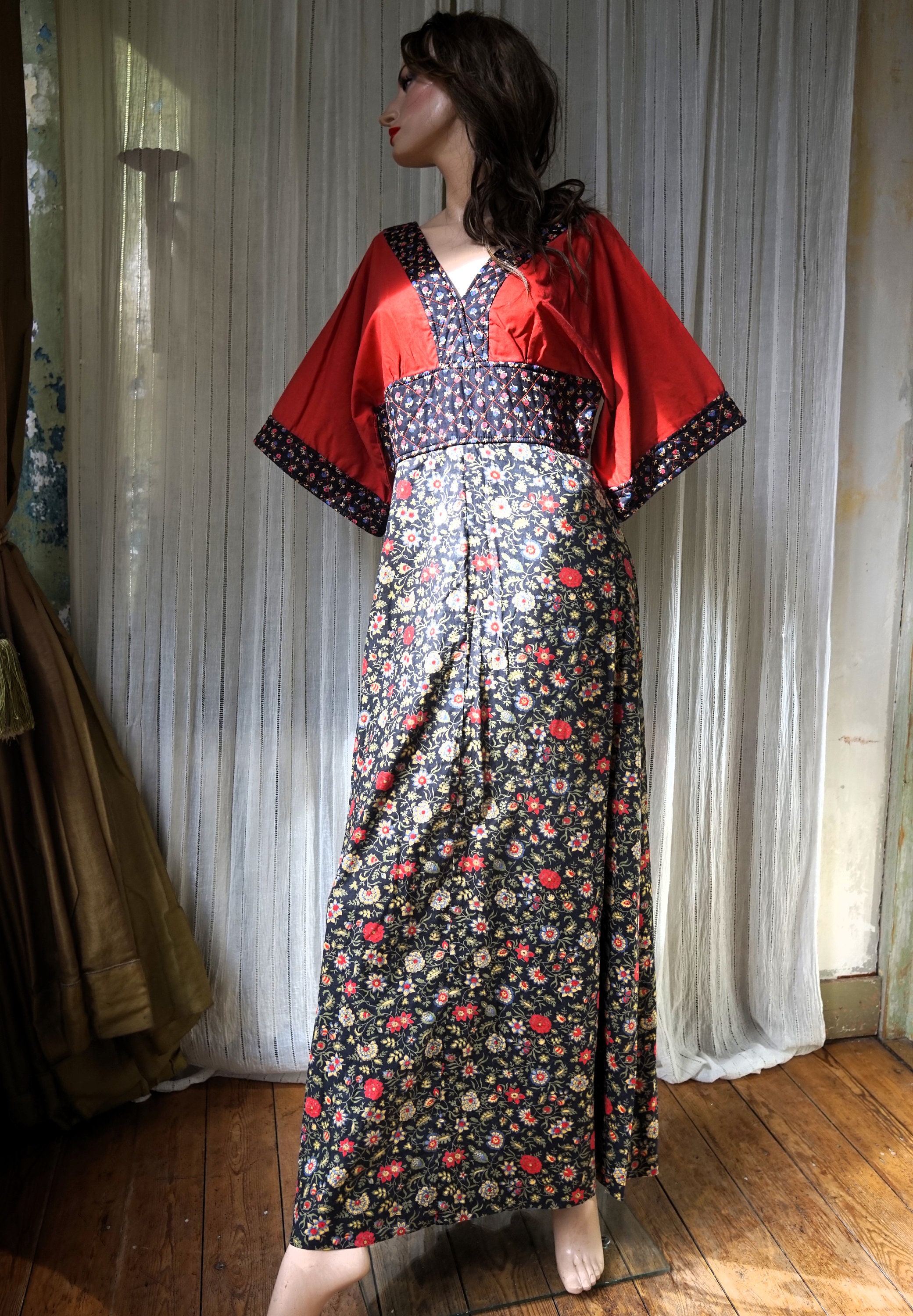 Vintage 70s Maxi Cotton Quilt Kimono Dress Shubette of London