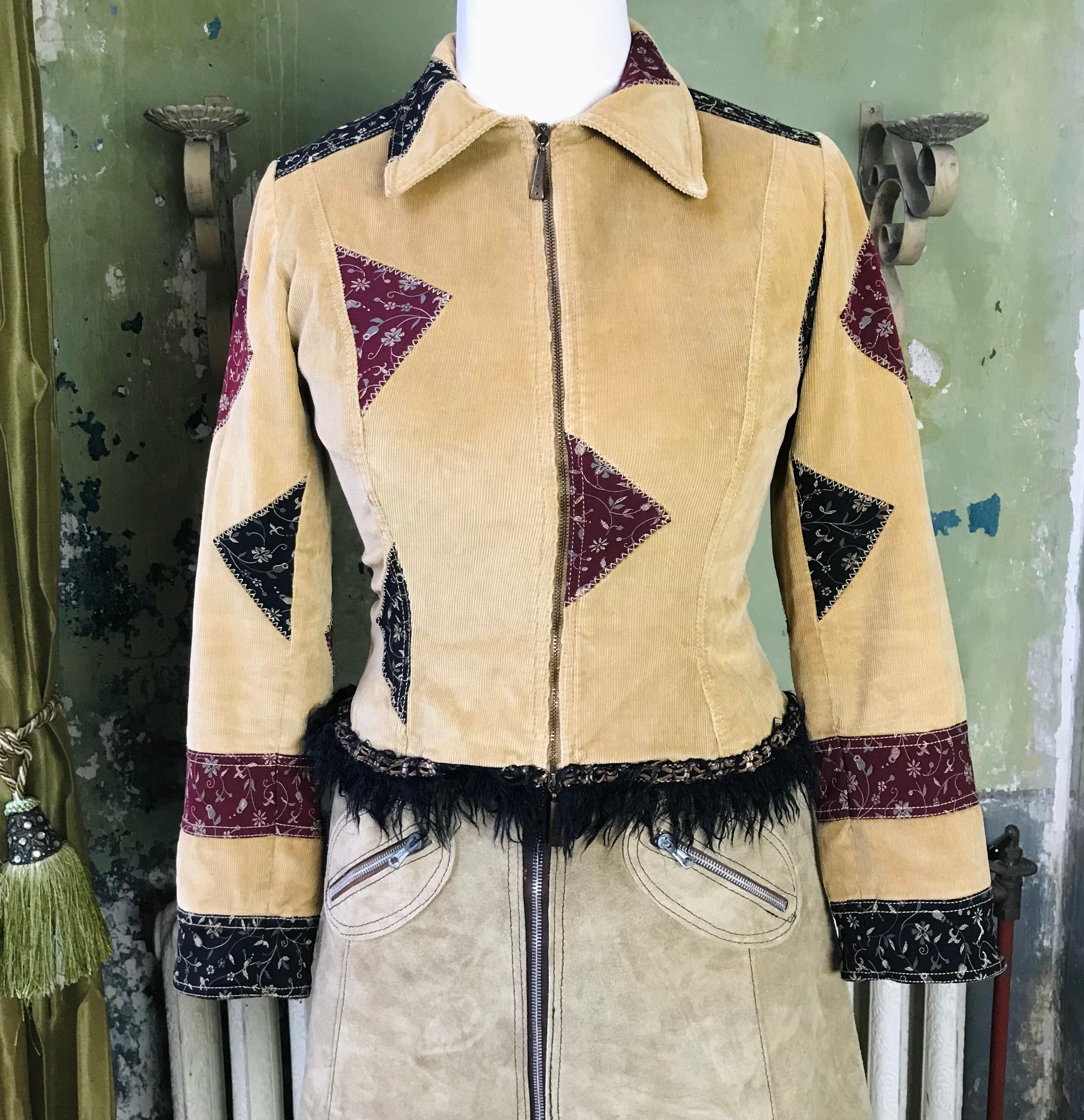 Vintage 90s Y2k Corduroy Applique Patchwork Fur Trim Zipper