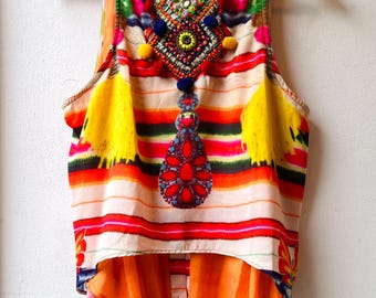 Colorful Hippie Top / Y2k Bright Colors Embroidery Halter Top Sleeveless Blouse