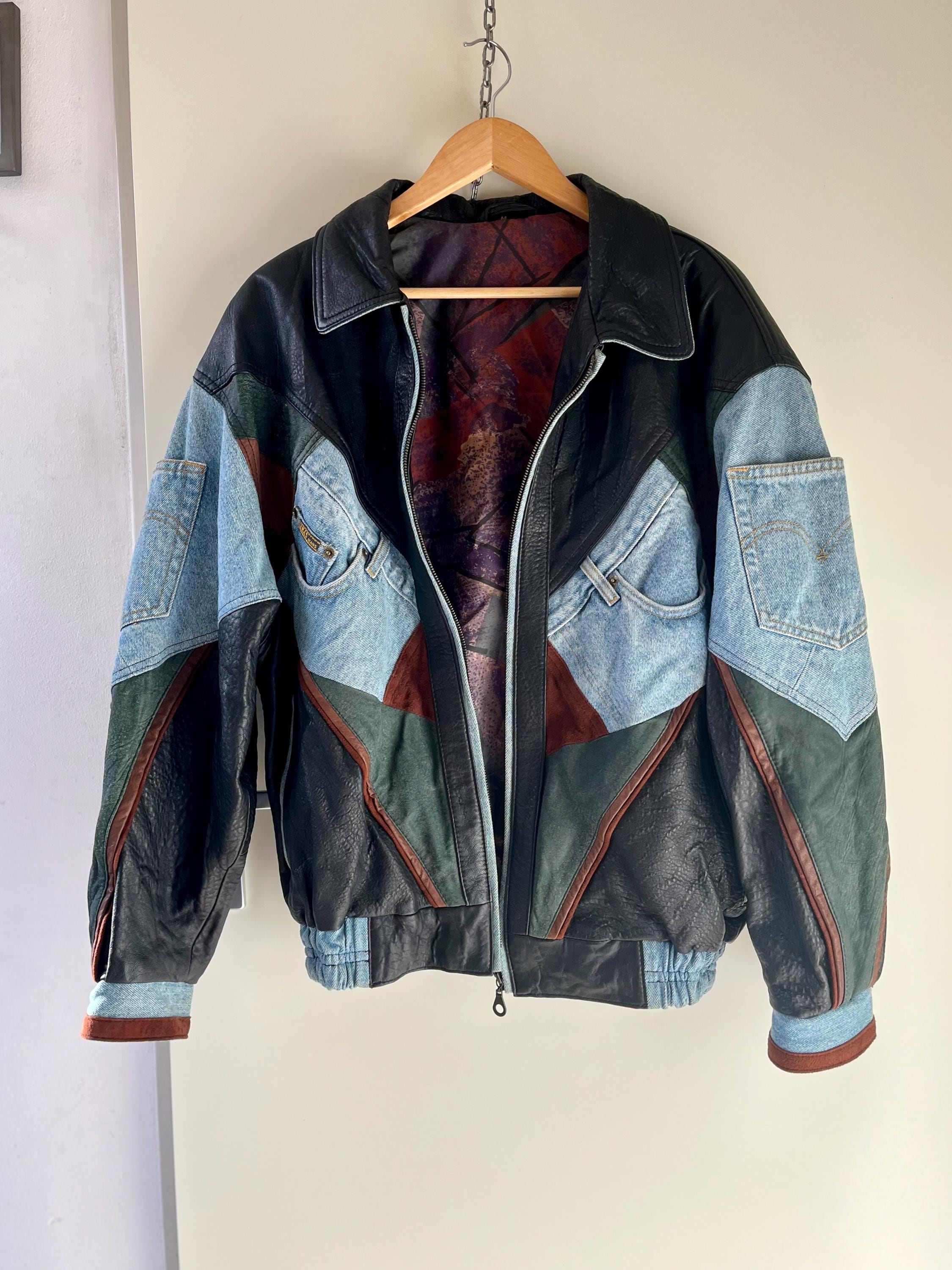 Vintage 90s Leather Denim Mens Bomber Jacket Blouson Symmetrical