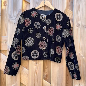 Gold Circle Print 80s 90s Short Black Velvet Art Deco Jacket Bolero London Gold Buttons