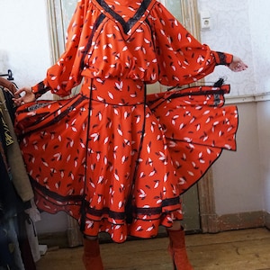 Vintage Frank Govers-jurk: rode westernkwast met lange mouwen, maat S/M