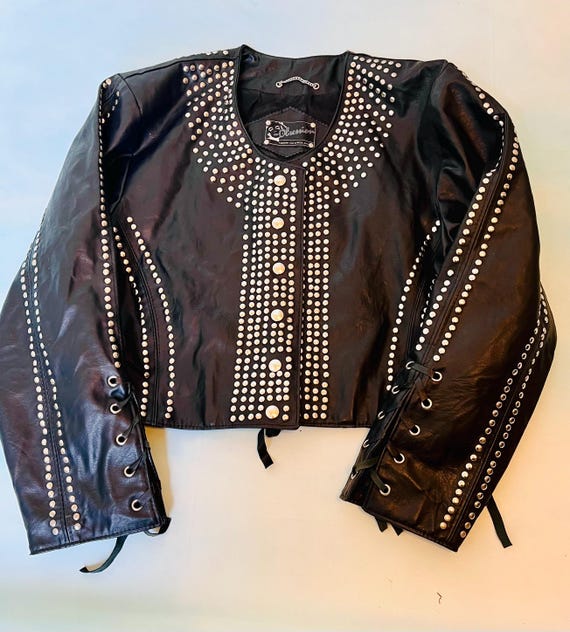 Vintage 80s Heavy Studded Black Faux Leather Jacket Obsession // Lace Up Sleeve Edgy Punk Rock Jacket Size M