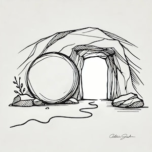 Puede incluir: Ilustración en blanco y negro de una tumba abierta con una gran piedra delante. La tumba está situada en una ladera rocosa. Un camino conduce a la entrada de la tumba. La firma del artista está en la esquina inferior derecha.