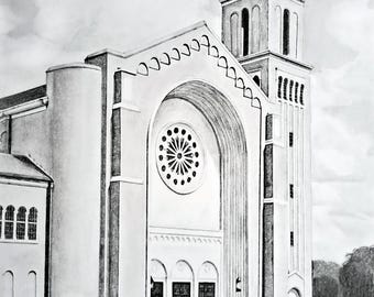 Kirche Zeichnung Kunst Druck: Schwarz Weiss Architekturskizze (Descarga digital)