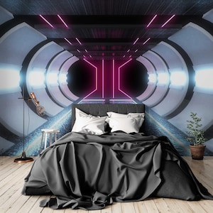 Futuristic 3D Tunnel Wallpaper with Neon Lights – Peel and Stick or Textured Sci-Fi Wall Mural for Gaming Room or Modern Accent Wall