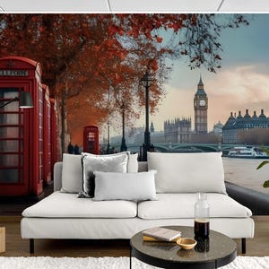 London Phone Booth Wallpaper Mural – Big Ben River View, Peel and Stick or Fabric Wall Mural for Living Room, Café, Office Accent Wall