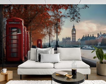 London Phone Booth Wallpaper Mural – Big Ben & River View, Peel and Stick