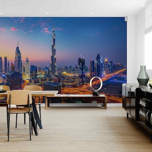 Dubai Skyline Wallpaper Mural – Burj Khalifa Cityscape Night View Wallpaper, Peel and Stick or Non-Woven Wallpaper for Office, Living Room
