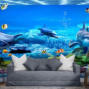 3D Dolphin Wallpaper mural for Kids Room, Cartoon Sea Life Wall Decor with Fish & Coral,  Fun Ocean Peel and Stick Mural Self Adhesive