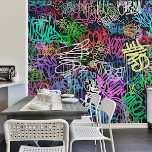 graffiti wall wallpaper for teenagers bedroom or game room, street art wallpaper mural wall covering, peel and stick vinyl wall mural decor