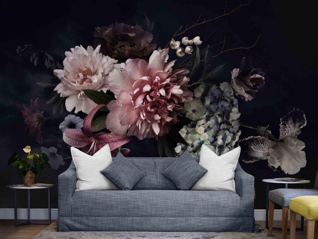 Dark Floral Wallpaper Mural With Peony and Lily, Vintage Botanical Wall ...